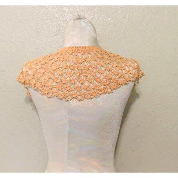 Vintage Crochet Lace Collar Peach Handmade Pom Pom Ties Bolero Shrug 6 Inch - Picture 4 of 7
